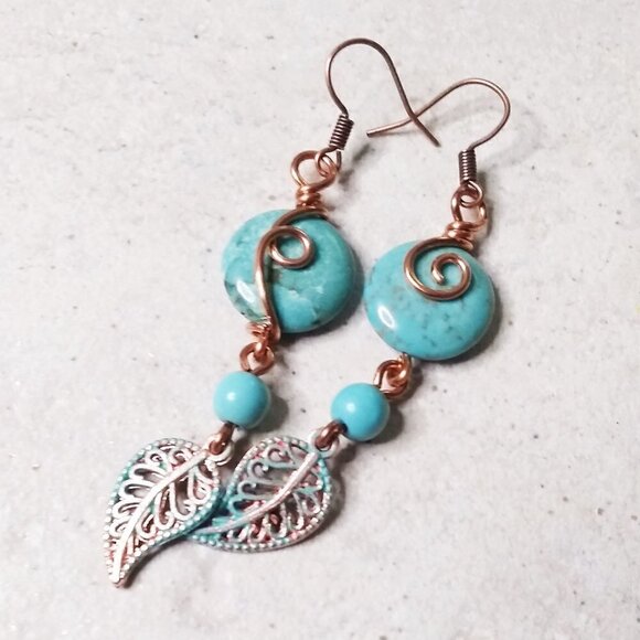 Copper Leaf + Turquoise Howlite ~ Wire Wrapped Dangle Earrings ~ Boho ~ Coastal - Picture 4 of 7